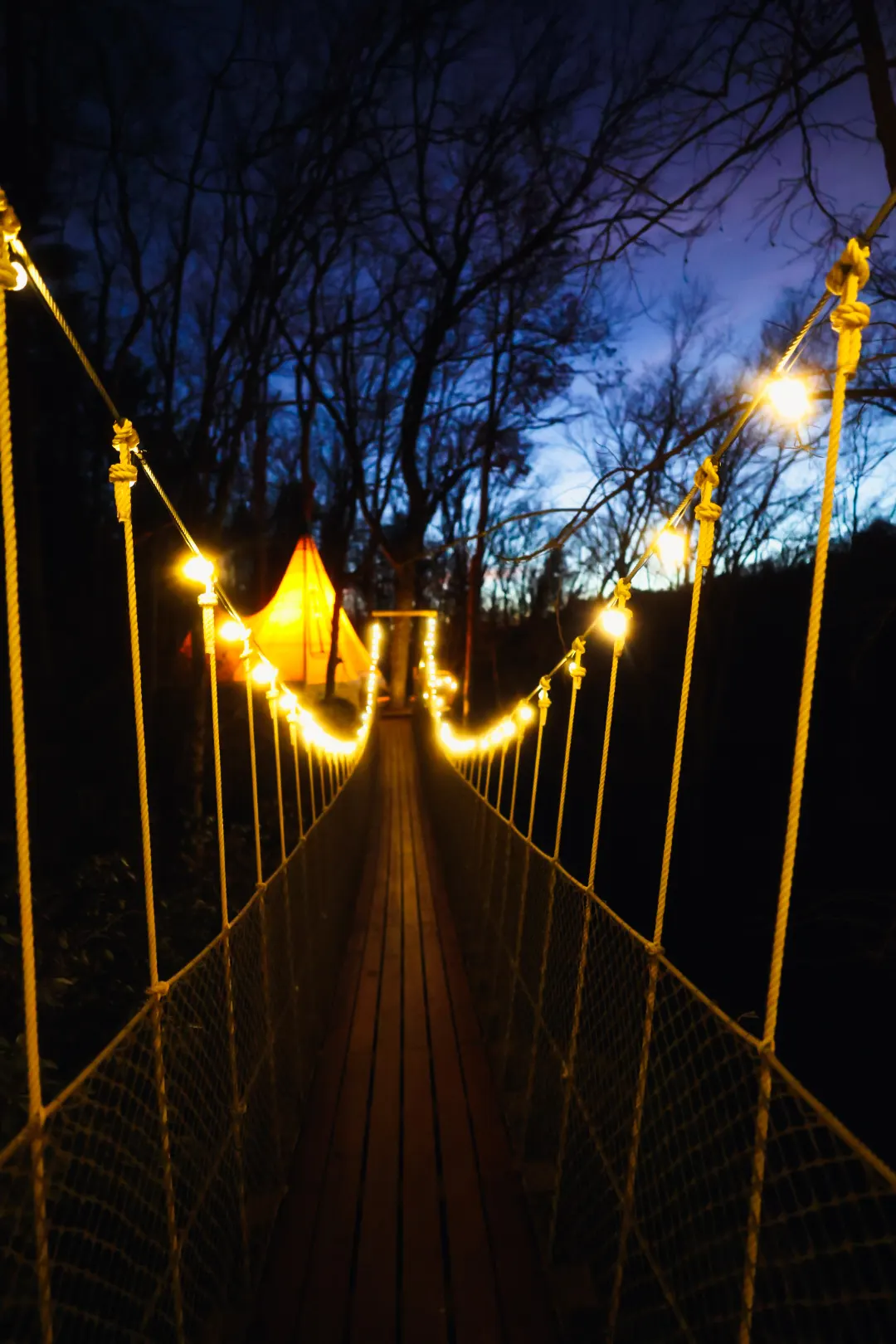 Bridge at night with string lights