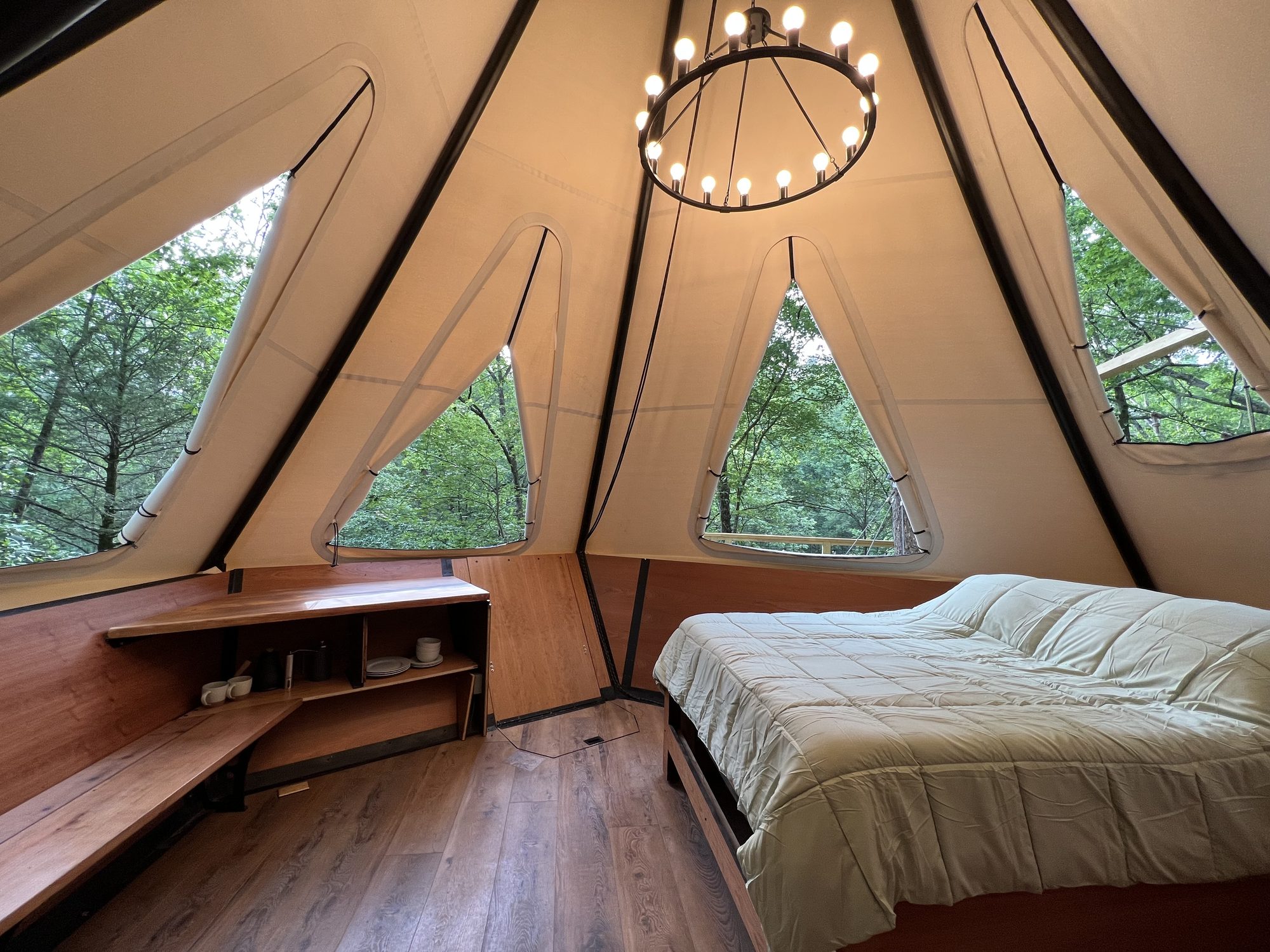 Treehouse interior with warm golden light